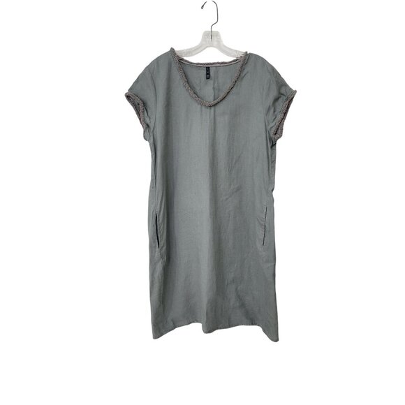 Foil 100% Linen Olive Green Knee Length Dress With Fringe Trim Women's Size 10 - Picture 1 of 6